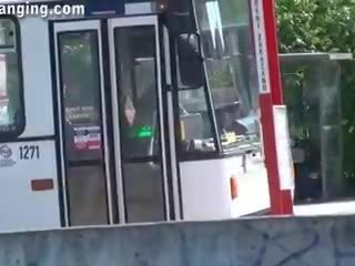 Glorious risky public xxx film threesome orgy by a tram stop second part